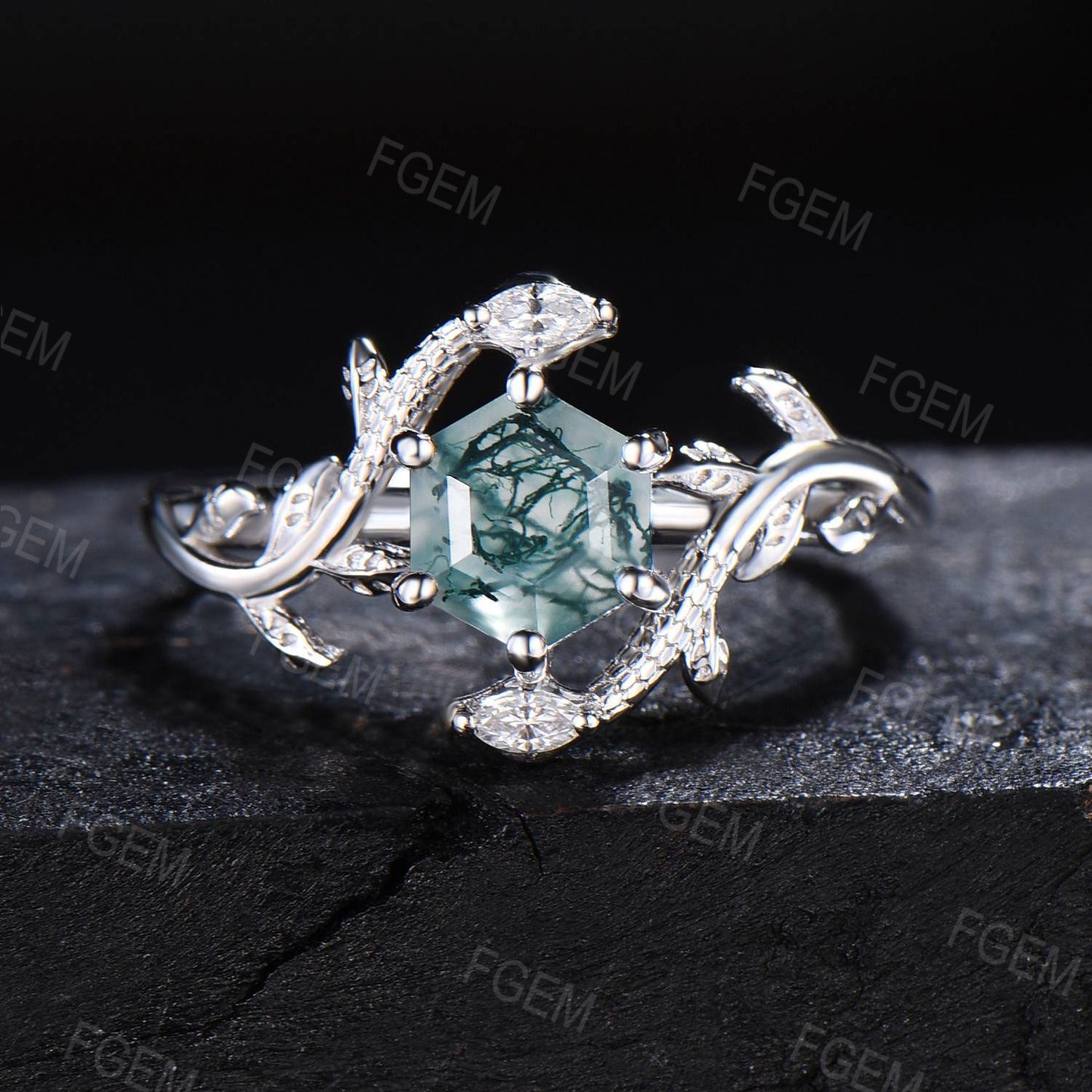 Double Snake Ring Hexagon Moss Agate Engagement Ring 14k White Gold Snake Ring Twig Leaf Vine Green Moss Ring Gothic Wedding Ring Women Gift