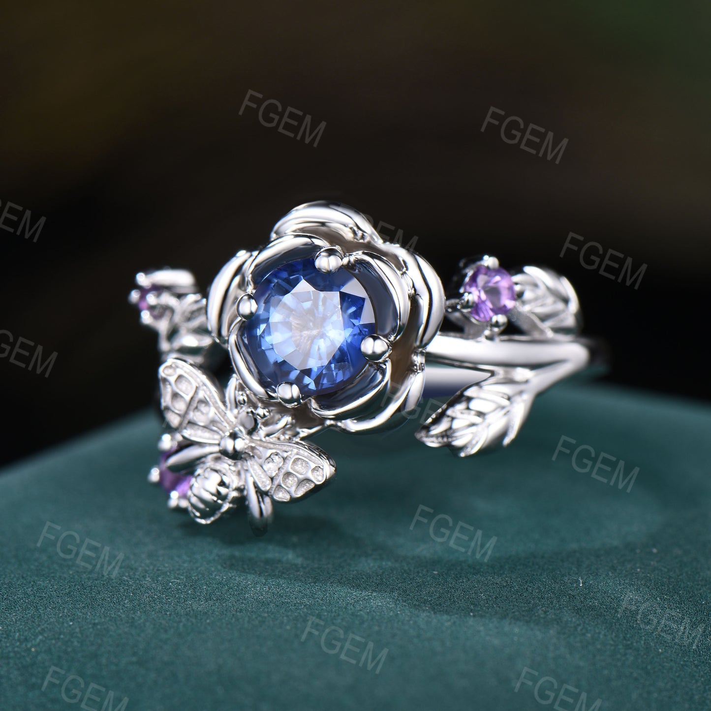 0.5ctw Natural Blue Sapphire Engagement Ring Honey Bee Rose Flower Engagement Ring Nature Inspired Leaf Floral Round Sapphire Amethyst Ring