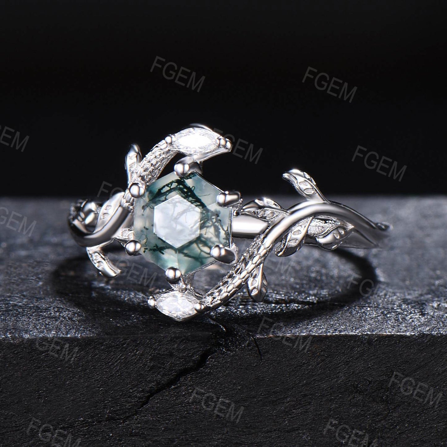 Double Snake Ring Hexagon Moss Agate Engagement Ring 14k White Gold Snake Ring Twig Leaf Vine Green Moss Ring Gothic Wedding Ring Women Gift