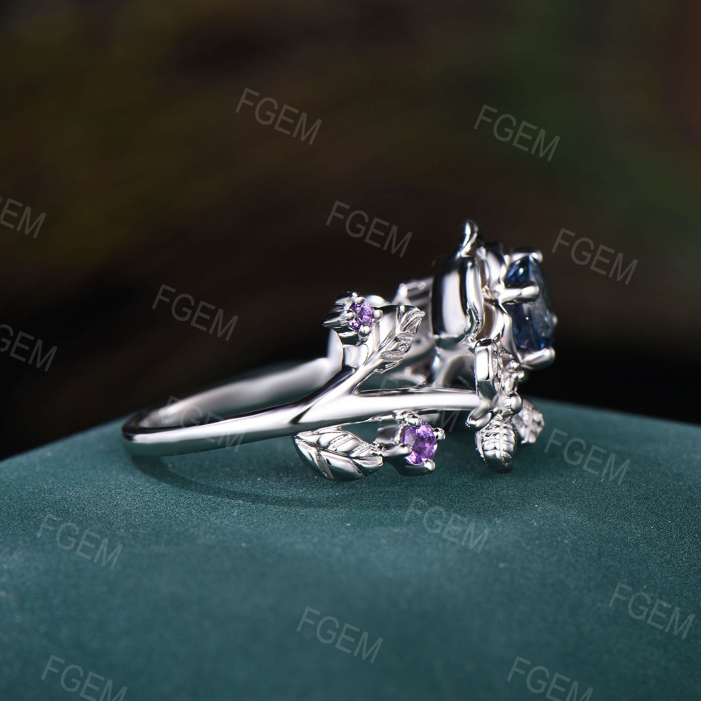 0.5ctw Natural Blue Sapphire Engagement Ring Honey Bee Rose Flower Engagement Ring Nature Inspired Leaf Floral Round Sapphire Amethyst Ring