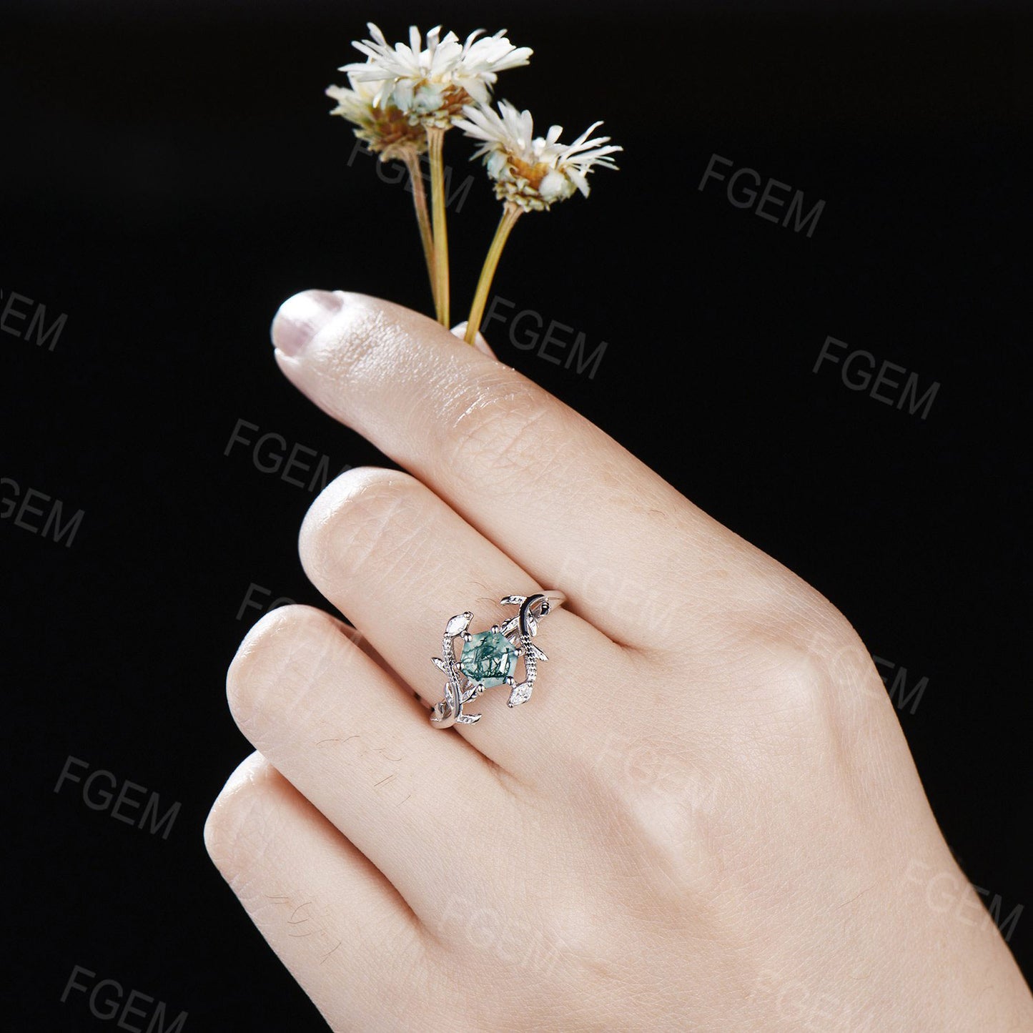 Double Snake Ring Hexagon Moss Agate Engagement Ring 14k White Gold Snake Ring Twig Leaf Vine Green Moss Ring Gothic Wedding Ring Women Gift
