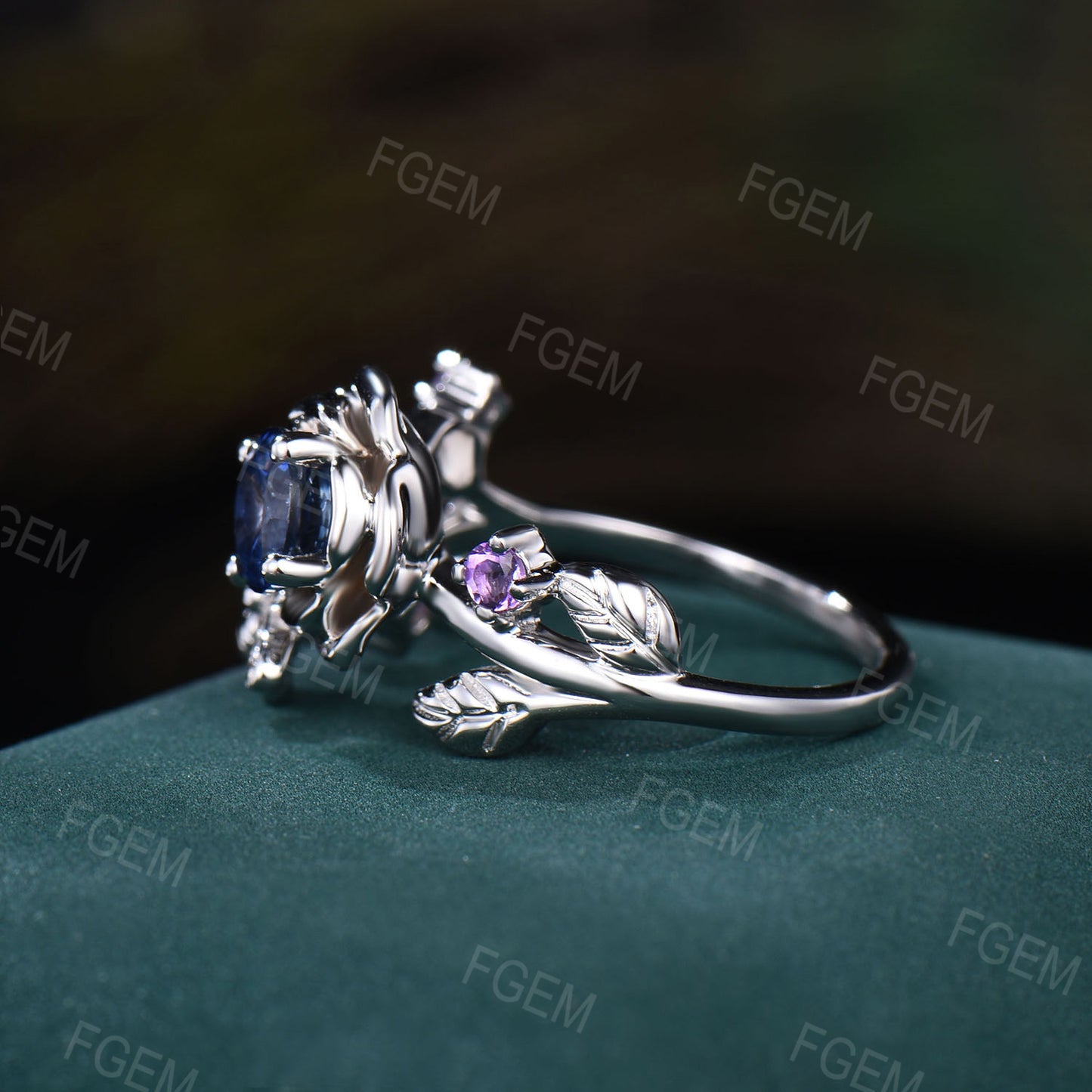 0.5ctw Natural Blue Sapphire Engagement Ring Honey Bee Rose Flower Engagement Ring Nature Inspired Leaf Floral Round Sapphire Amethyst Ring