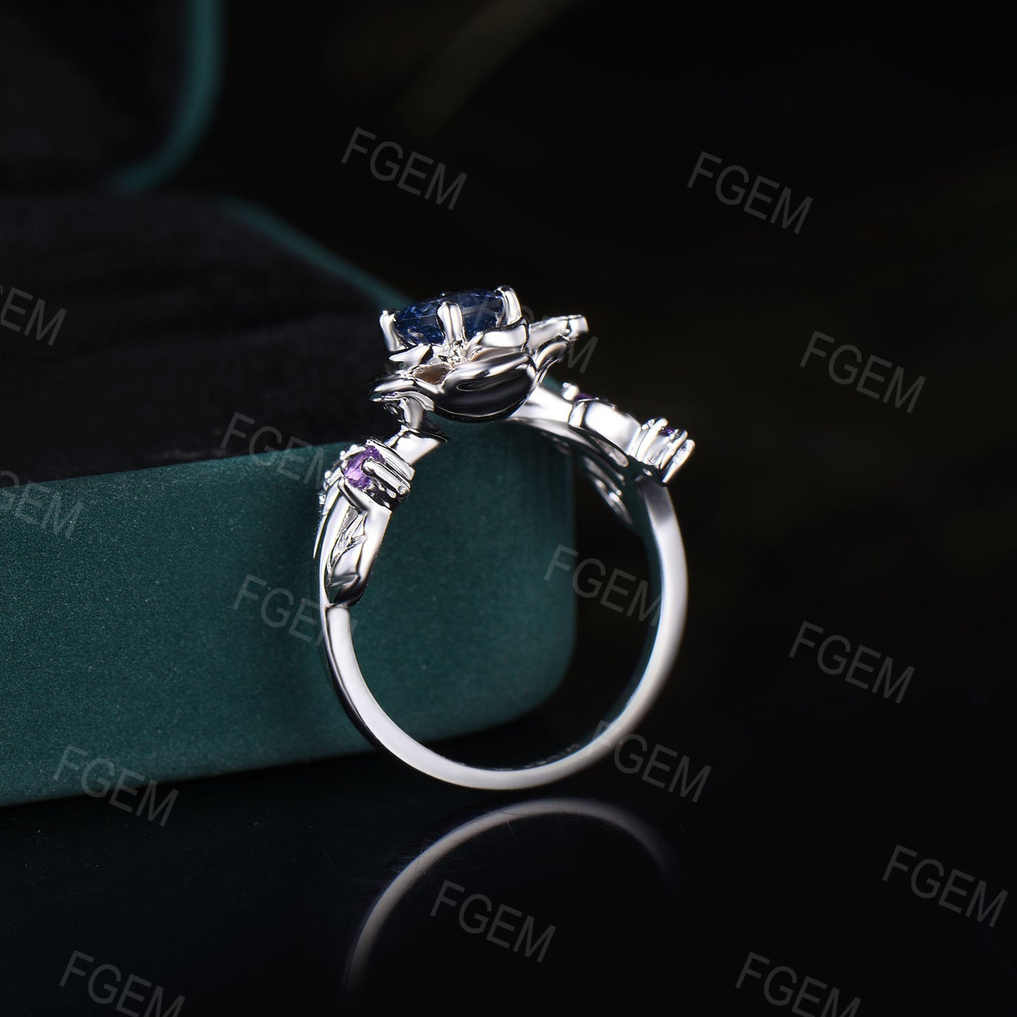 0.5ctw Natural Blue Sapphire Engagement Ring Honey Bee Rose Flower Engagement Ring Nature Inspired Leaf Floral Round Sapphire Amethyst Ring