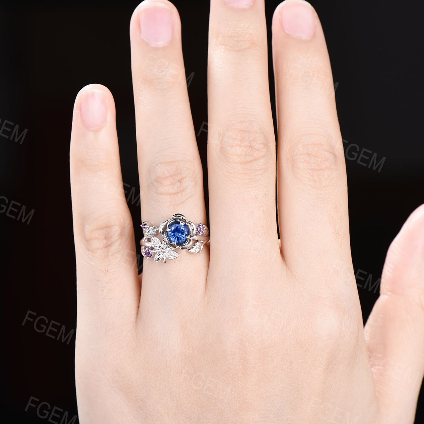 0.5ctw Natural Blue Sapphire Engagement Ring Honey Bee Rose Flower Engagement Ring Nature Inspired Leaf Floral Round Sapphire Amethyst Ring