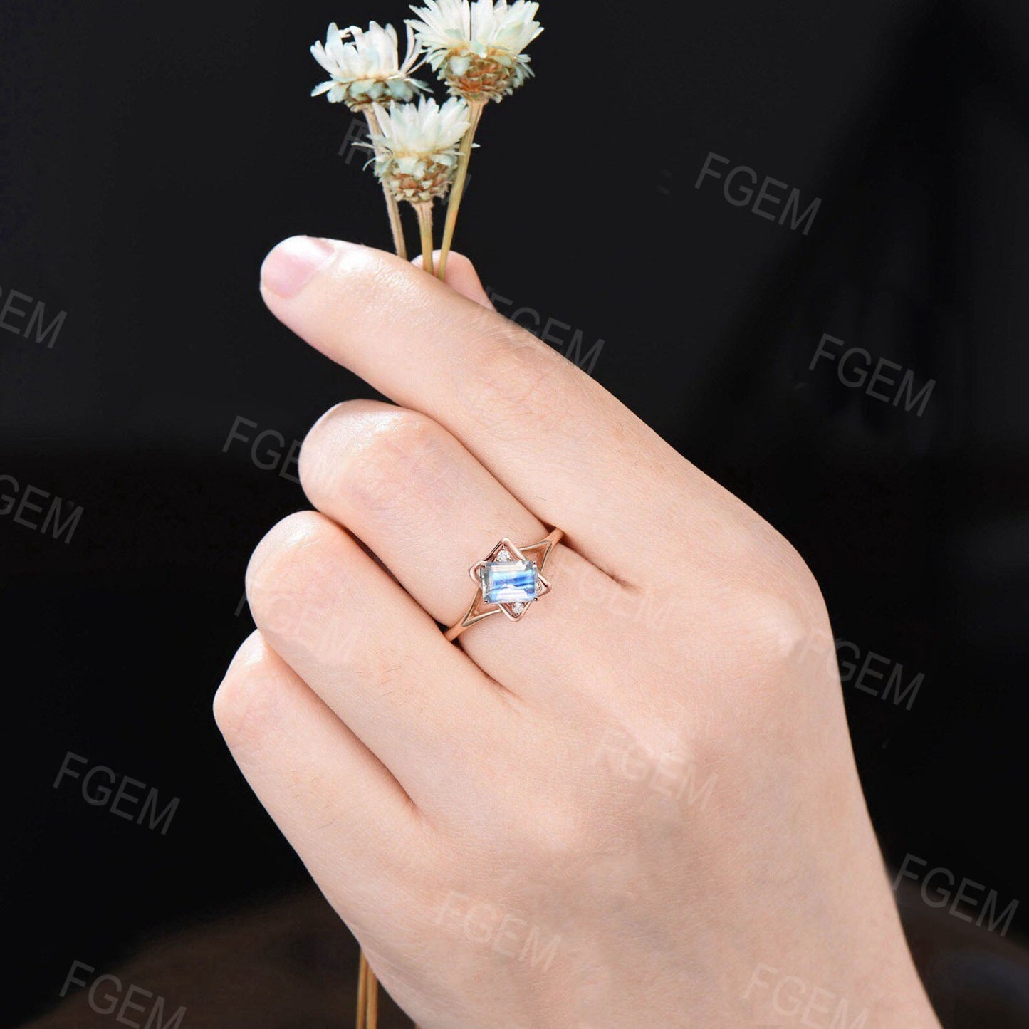 Emerald Shaped Natural Rainbow Moonstone Engagement Ring Split Shank Wedding Ring Art Deco Rose Gold Moissanite Ring Anniversary Women Gift