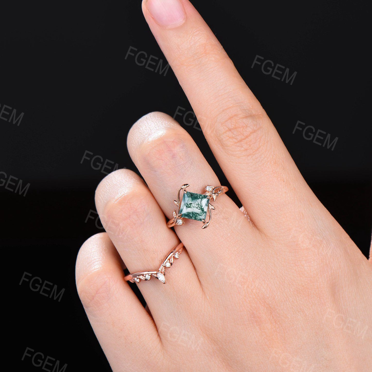 7mm Princess Cut Natural Moss Agate Diamond Ring Set Nature Inspired Green Engagement Rings Rose Gold Moss Agate Leaf Branch Moissanite Wedding Ring