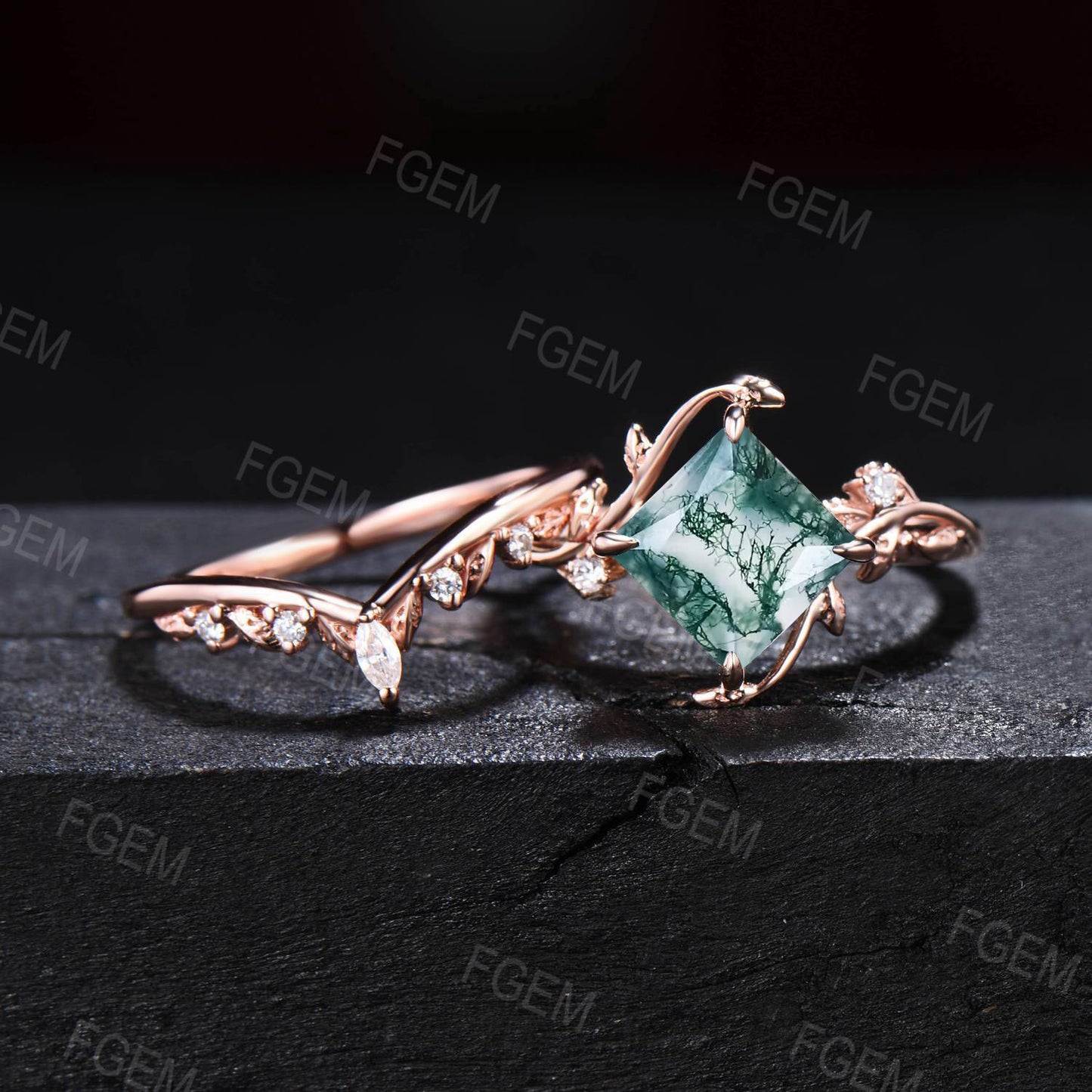7mm Princess Cut Natural Moss Agate Diamond Ring Set Nature Inspired Green Engagement Rings Rose Gold Moss Agate Leaf Branch Moissanite Wedding Ring