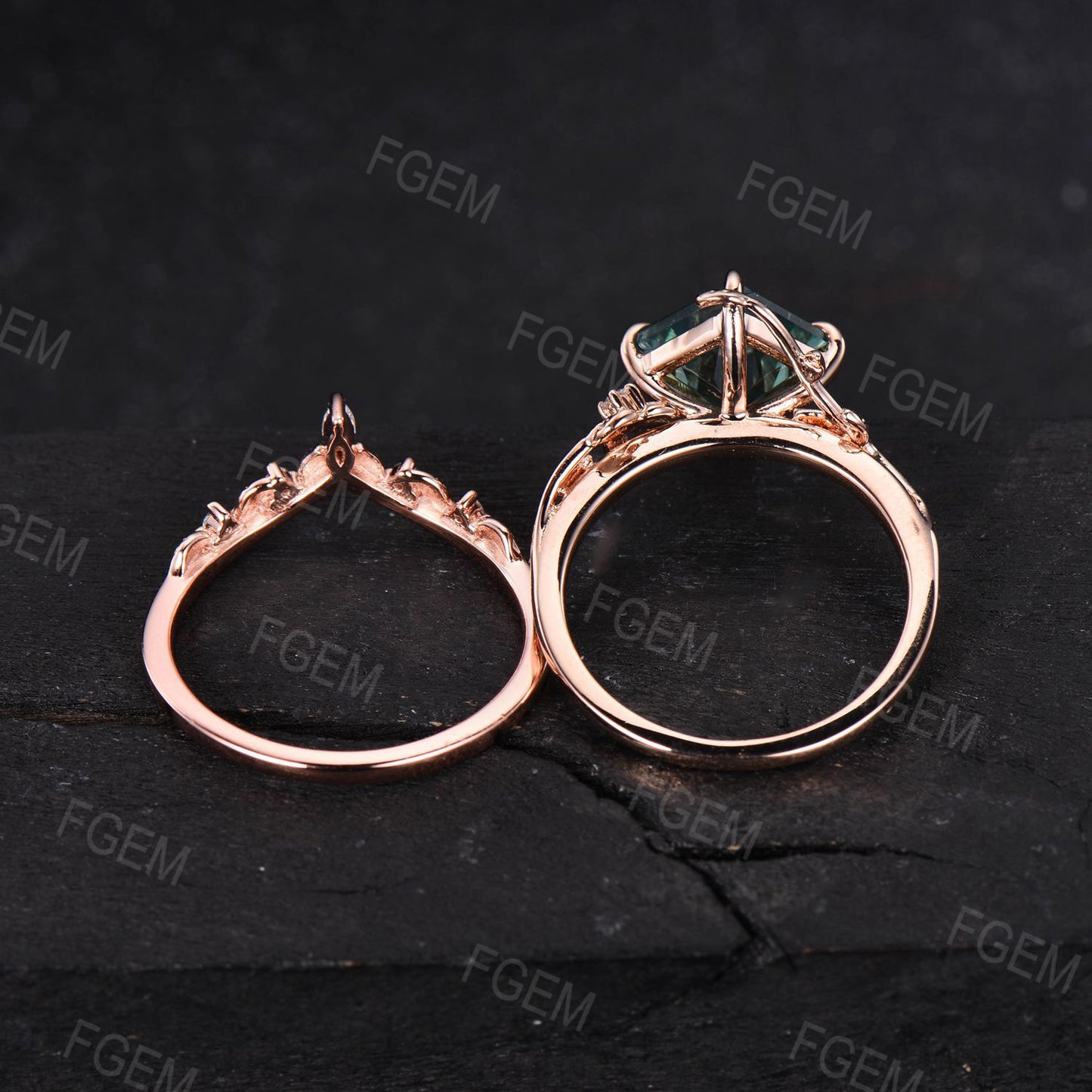7mm Princess Cut Natural Moss Agate Diamond Ring Set Nature Inspired Green Engagement Rings Rose Gold Moss Agate Leaf Branch Moissanite Wedding Ring