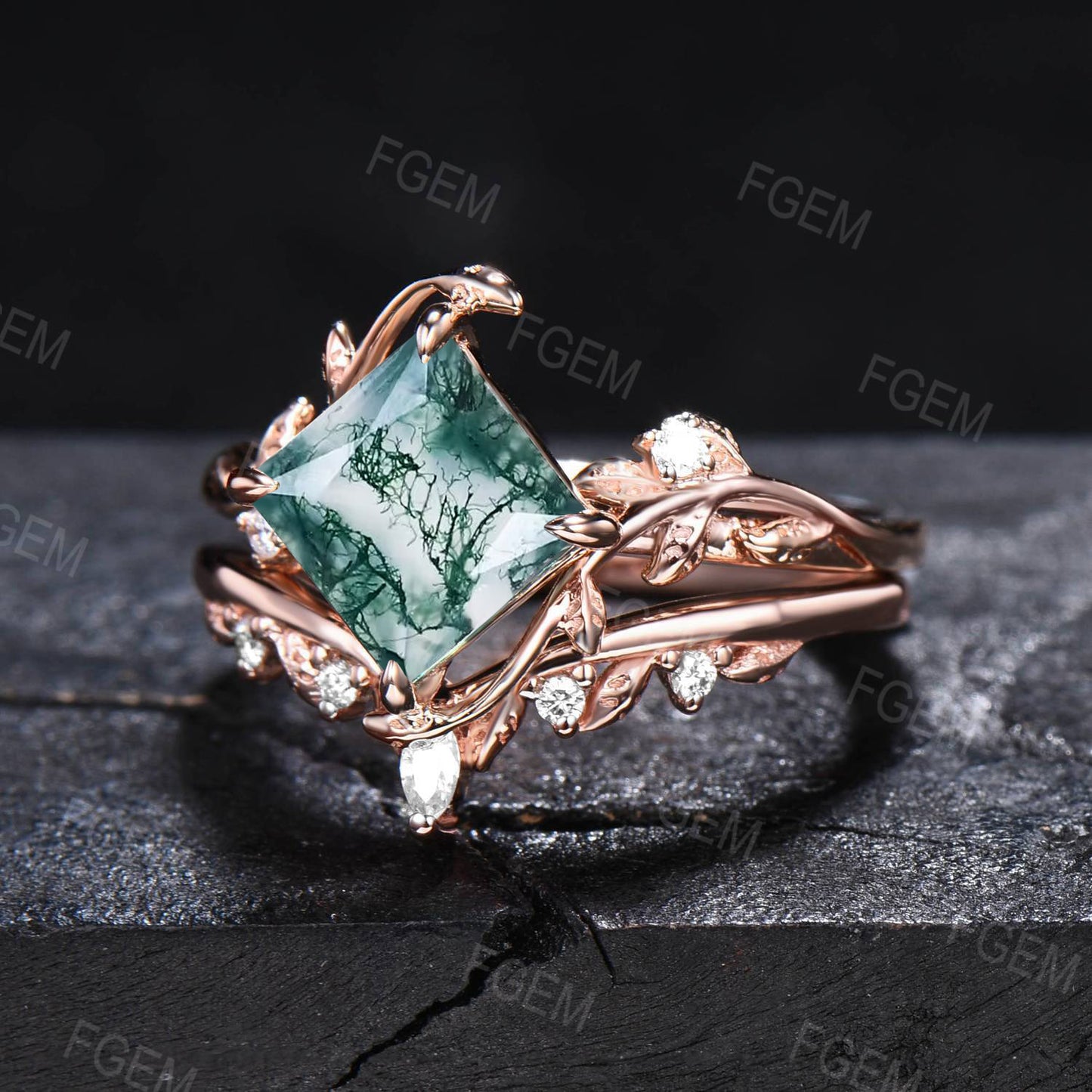 7mm Princess Cut Natural Moss Agate Diamond Ring Set Nature Inspired Green Engagement Rings Rose Gold Moss Agate Leaf Branch Moissanite Wedding Ring