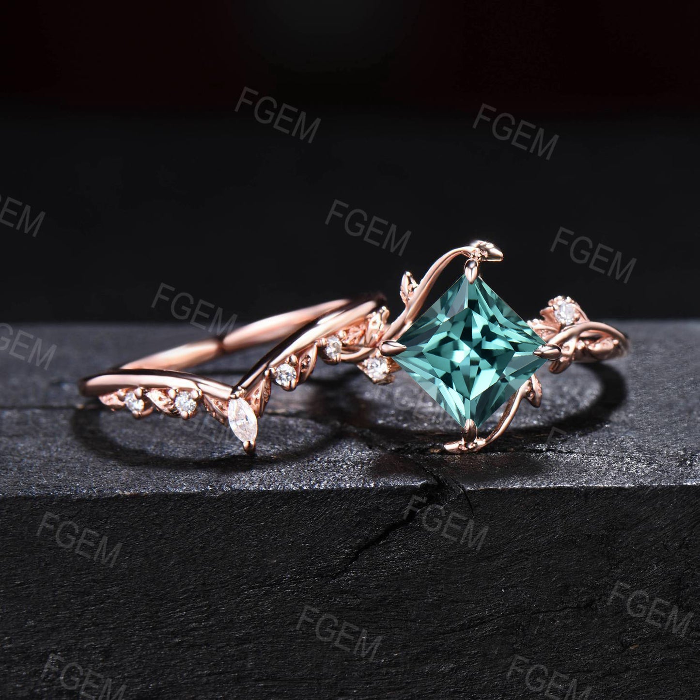 Nature Inspired Green Sapphire Moissanite Ring Set 7mm Princess Cut Green Blue Montana Teal Sapphire Branch Leaf Engagement Ring Anniversary Gift for Women