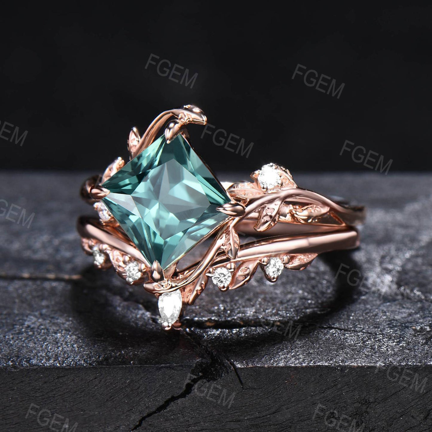 Nature Inspired Green Sapphire Moissanite Ring Set 7mm Princess Cut Green Blue Montana Teal Sapphire Branch Leaf Engagement Ring Anniversary Gift for Women