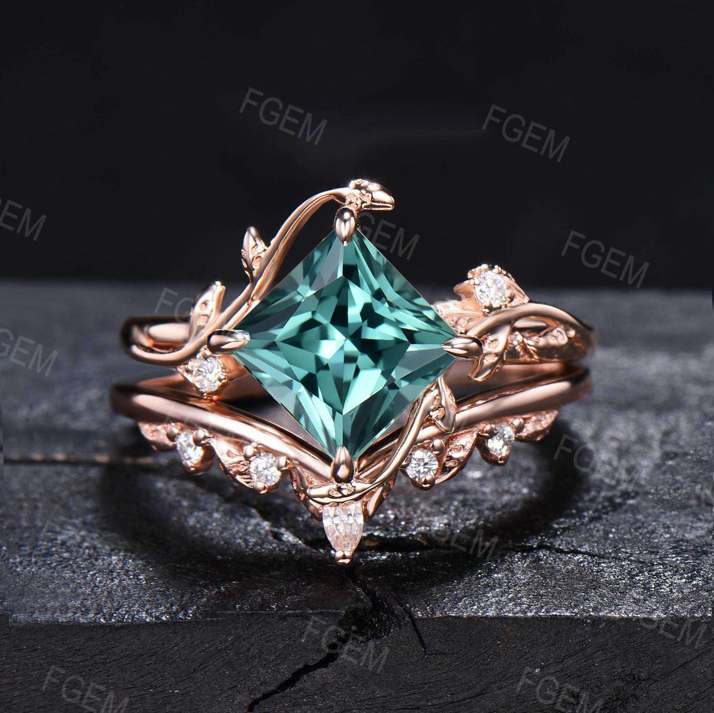 Nature Inspired Green Sapphire Moissanite Ring Set 7mm Princess Cut Green Blue Montana Teal Sapphire Branch Leaf Engagement Ring Anniversary Gift for Women
