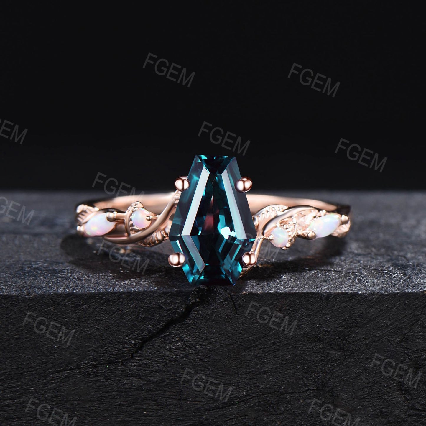 Coffin Cut Alexandrite Engagement Ring Branch Leaf White Opal Alexandrite Wedding Ring June Birthstone Jewelry Wedding Gift