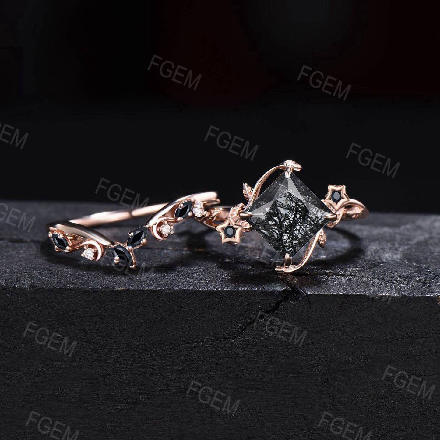 Hexagon Cut Natural Black Rutilated Quartz Engagement Ring Set Moon Black Spinel Bridal Set White Gold Leaf Black Crystal Ring Women Gifts