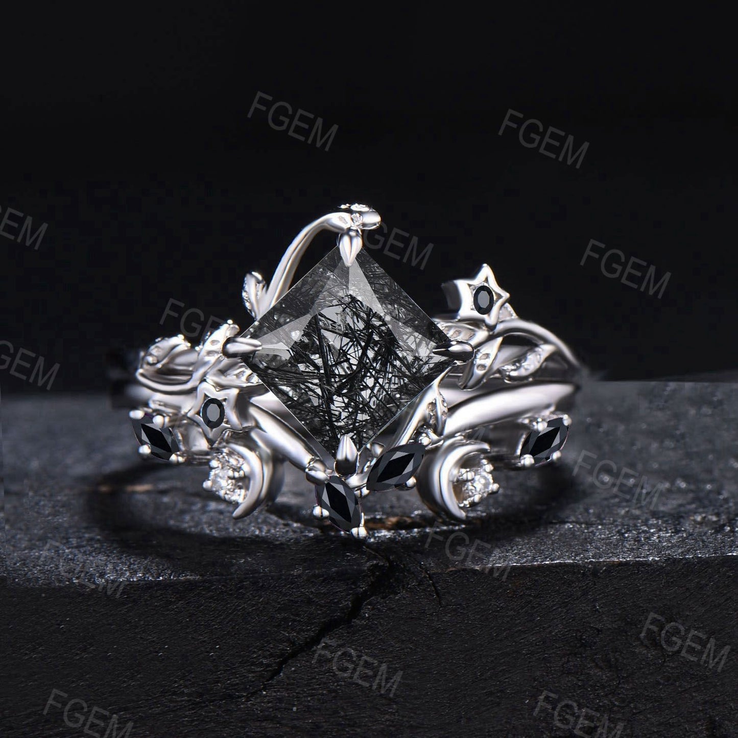 Hexagon Cut Natural Black Rutilated Quartz Engagement Ring Set Moon Black Spinel Bridal Set White Gold Leaf Black Crystal Ring Women Gifts