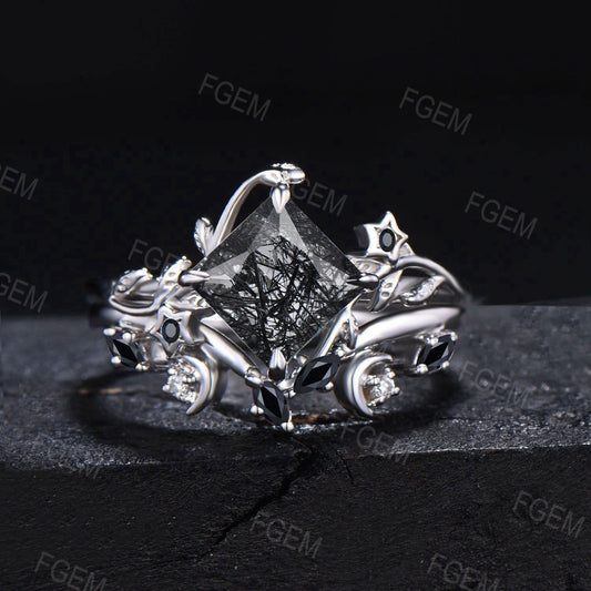 Hexagon Cut Natural Black Rutilated Quartz Engagement Ring Set Moon Black Spinel Bridal Set White Gold Leaf Black Crystal Ring Women Gifts