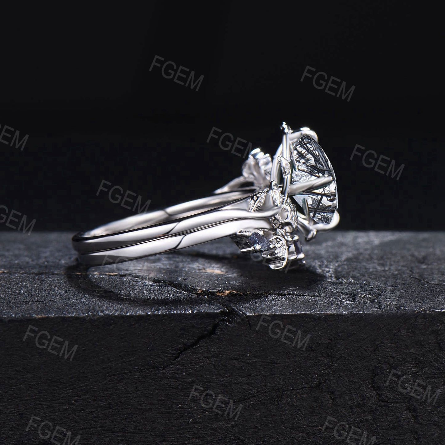 Hexagon Cut Natural Black Rutilated Quartz Engagement Ring Set Moon Black Spinel Bridal Set White Gold Leaf Black Crystal Ring Women Gifts