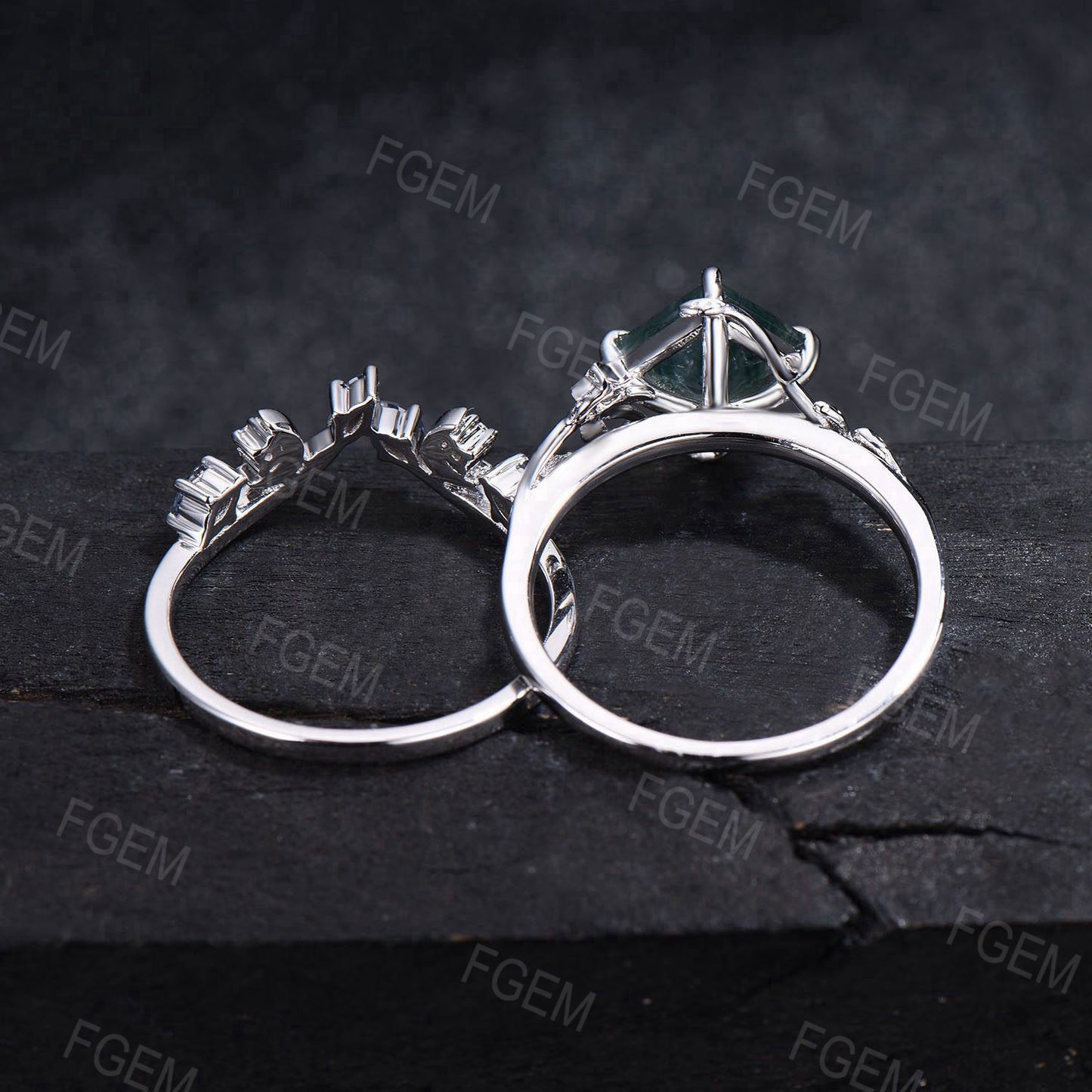 Hexagon Cut Natural Black Rutilated Quartz Engagement Ring Set Moon Black Spinel Bridal Set White Gold Leaf Black Crystal Ring Women Gifts
