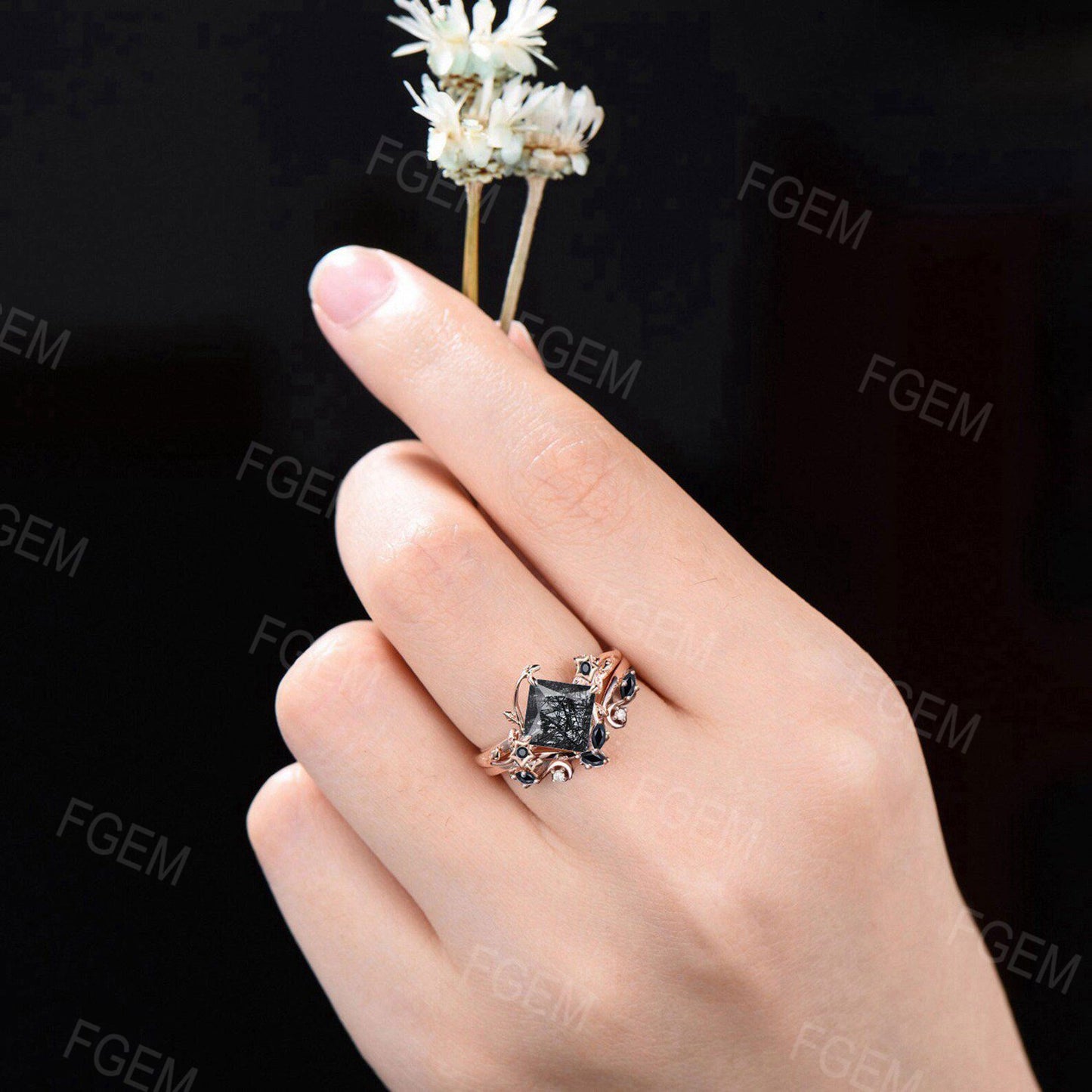 Hexagon Cut Natural Black Rutilated Quartz Engagement Ring Set Moon Black Spinel Bridal Set White Gold Leaf Black Crystal Ring Women Gifts