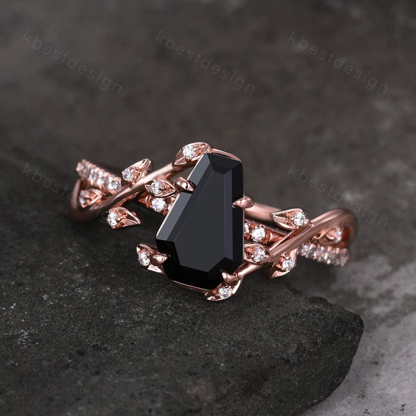 Coffin cut black onyx engagement ring Rose gold ring Art deco twig leaf moissanite wedding ring nature inspired ring bridal promise ring