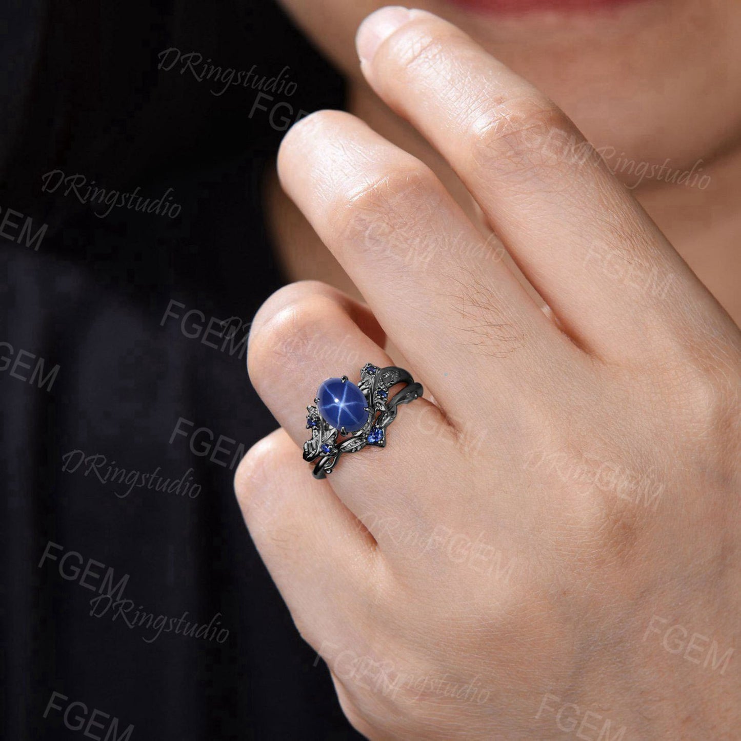 Nature Inspired Black Gold Engagement Ring 1.5CT Oval Star Sapphire Wedding Ring Set Twig Blue Sapphire Bridal Set Blue Gemstone Women Gift