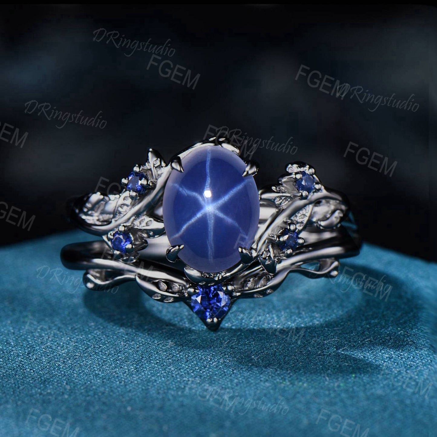 Nature Inspired Black Gold Engagement Ring 1.5CT Oval Star Sapphire Wedding Ring Set Twig Blue Sapphire Bridal Set Blue Gemstone Women Gift