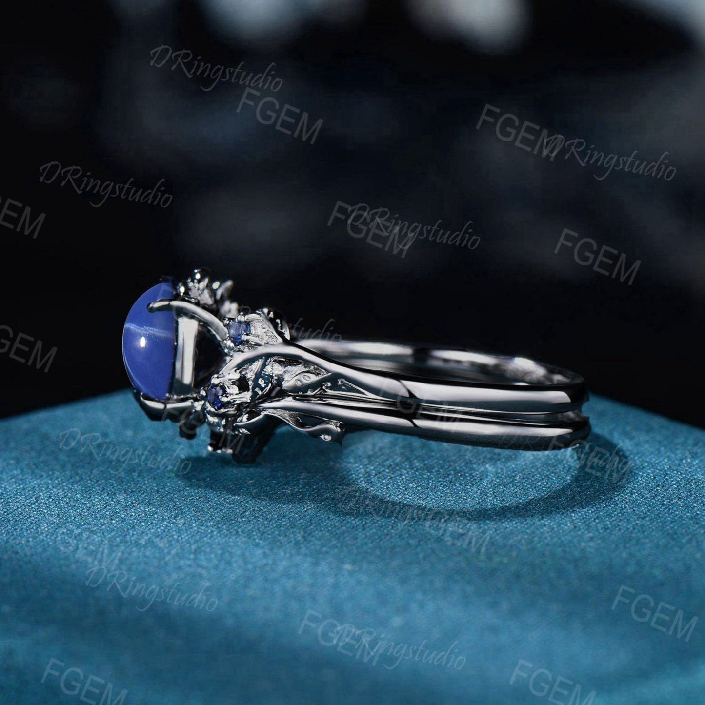 Nature Inspired Black Gold Engagement Ring 1.5CT Oval Star Sapphire Wedding Ring Set Twig Blue Sapphire Bridal Set Blue Gemstone Women Gift