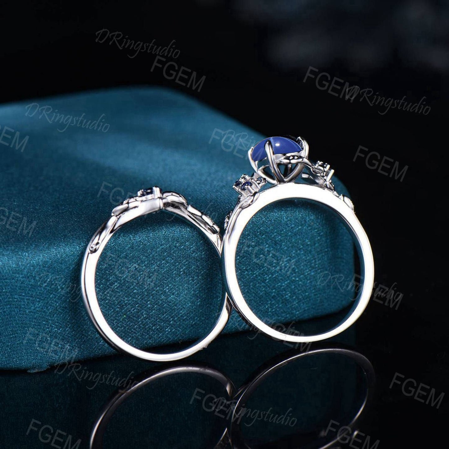Nature Inspired Black Gold Engagement Ring 1.5CT Oval Star Sapphire Wedding Ring Set Twig Blue Sapphire Bridal Set Blue Gemstone Women Gift