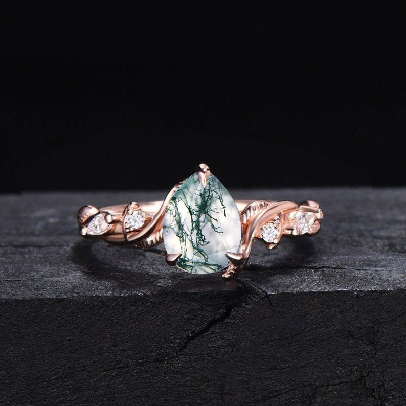 Pear Shape Natural Moss Agate Ring Set 10K Rose Gold Vintage Branch Twist Moissanite Ring Nature Inspired Moss Wedding Ring Anniversary Gift