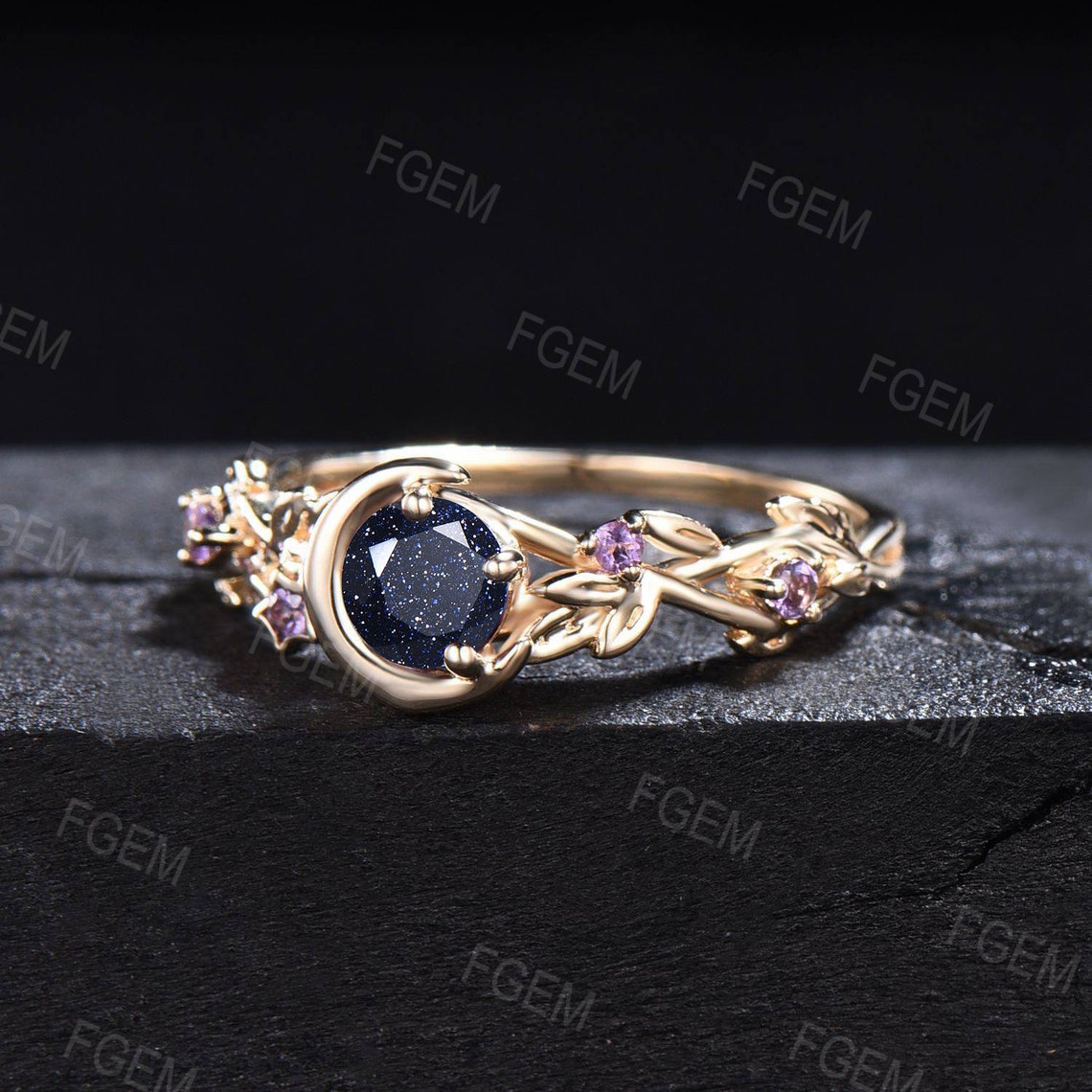 Nature Inspired Galaxy Blue Goldstone Amethyst Engagement Ring Moon Star Design Round Blue Sandstone Ring Branch Leaf Amethyst Wedding Rings