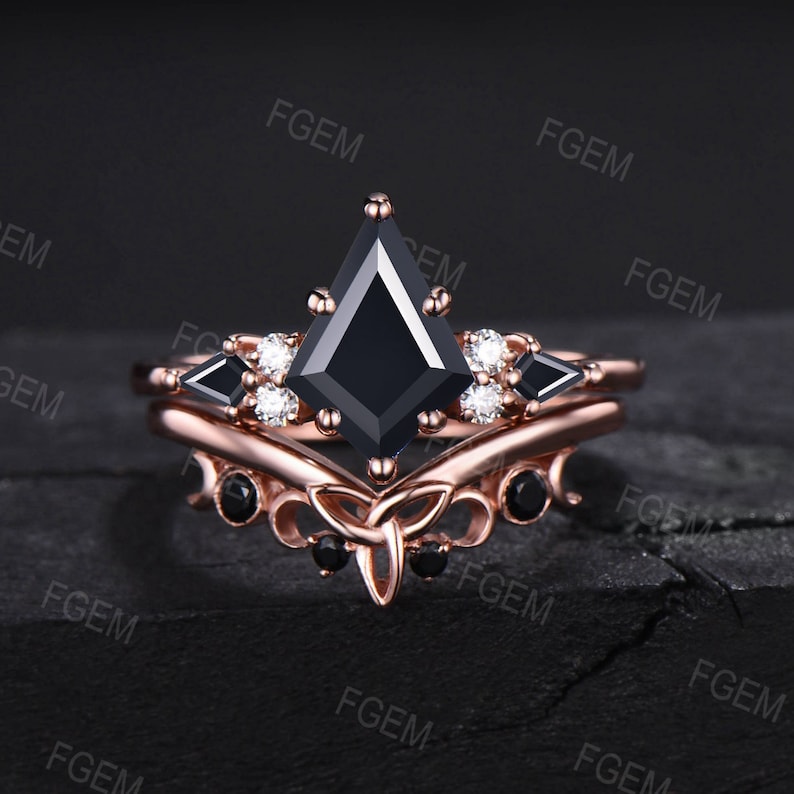 Unique Black Bridal Set 3pc Kite Cut Black Onyx Engagement Ring Set Vintage Antique Art Deco Celtic Knot Black Wedding Ring Set Promise Ring