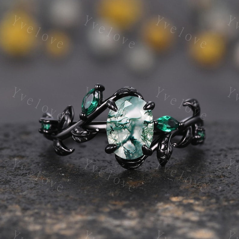 Black Gold Leaf Moss Agate Emerald Engagement Enhancer Wrap Bridal Ring Set