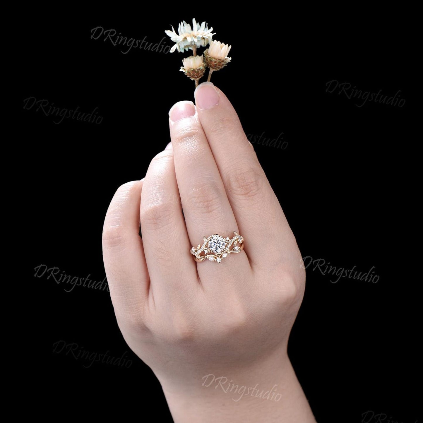 1ct Round Moissanite Wedding Ring Set Nature Inspired Moon Leaf Engagement Ring Set Solid 14k Yellow Gold Bridal Set Twig Ring Proposal Gift