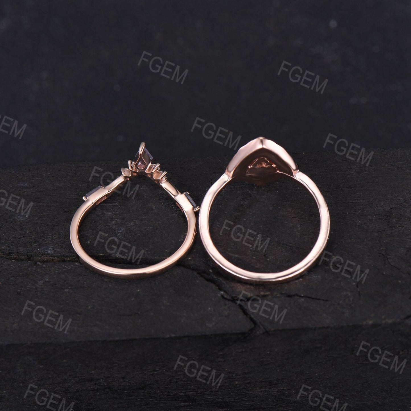 Hexagon Cut Natural Moss Agate Engagement Ring Set Vintage 10K Rose Gold Moss Agate Emerald Wedding Band Unique Anniversary/Birthday Gifts