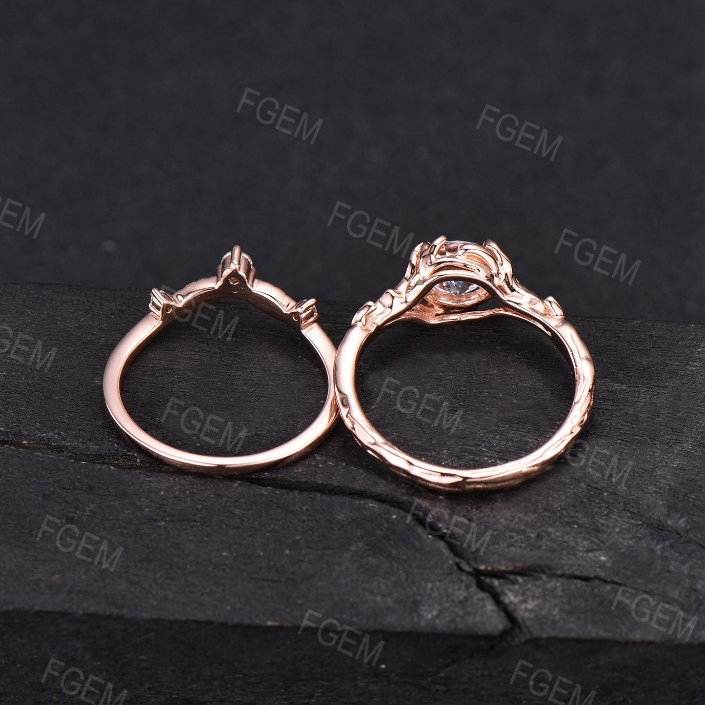 Gold Leaf Engagement Ring Set Nature Inspired 6.5mm Round Moissanite Bridal Set Leaf Vine Moissanite Diamond Wedding Ring Promise Women Gift