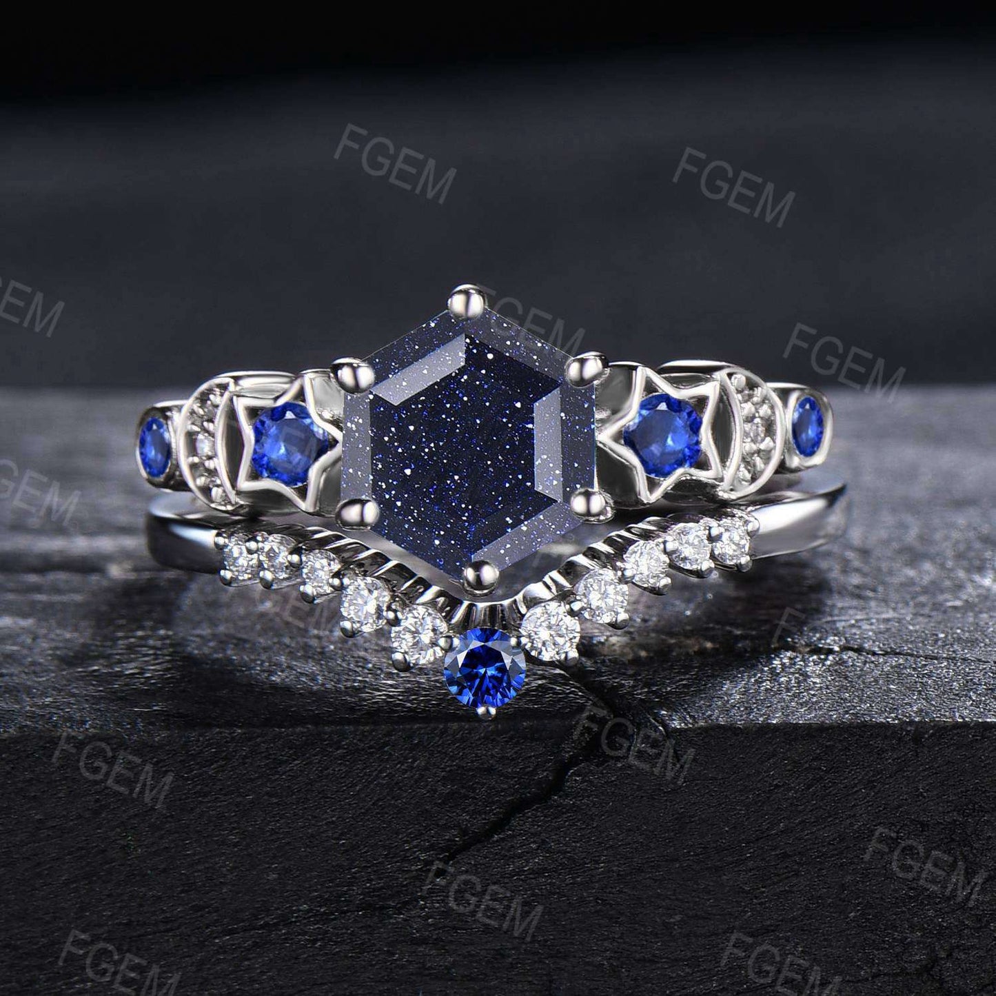 Sterling Silver Galaxy Sandstone Ring Set Moon Star Engagement Ring Vintage Blue Goldstone Sapphire Bridal Ring Set Nebula Ring Promise Gift