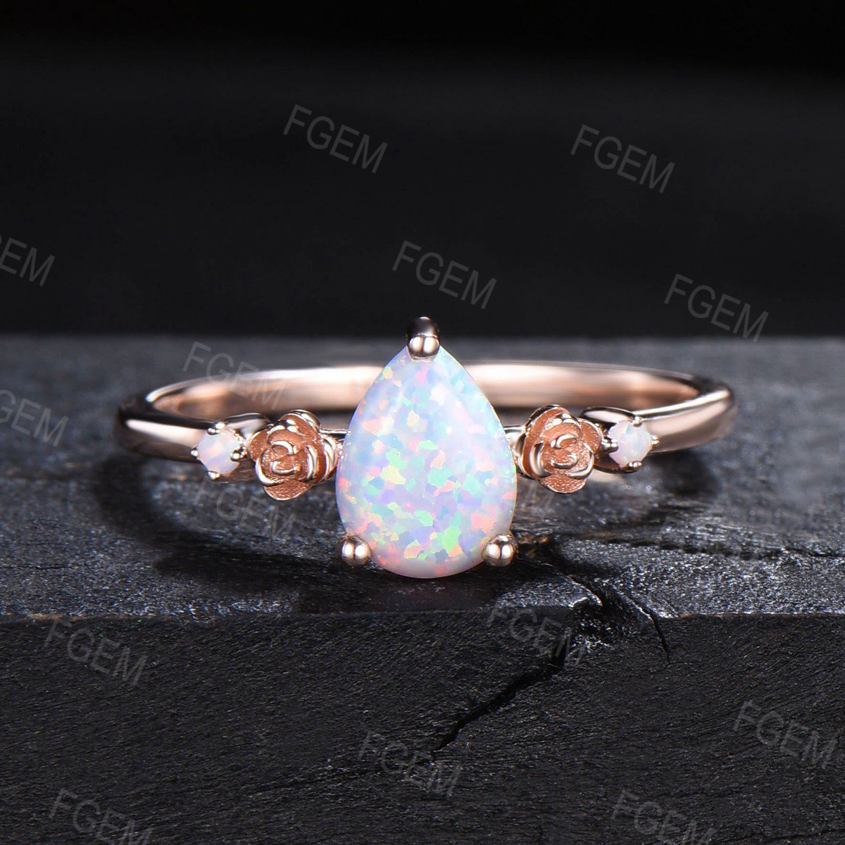 1.25ct Pear Shaped Floral White Opal Bridal Set Marquise Opal Wedding Ring