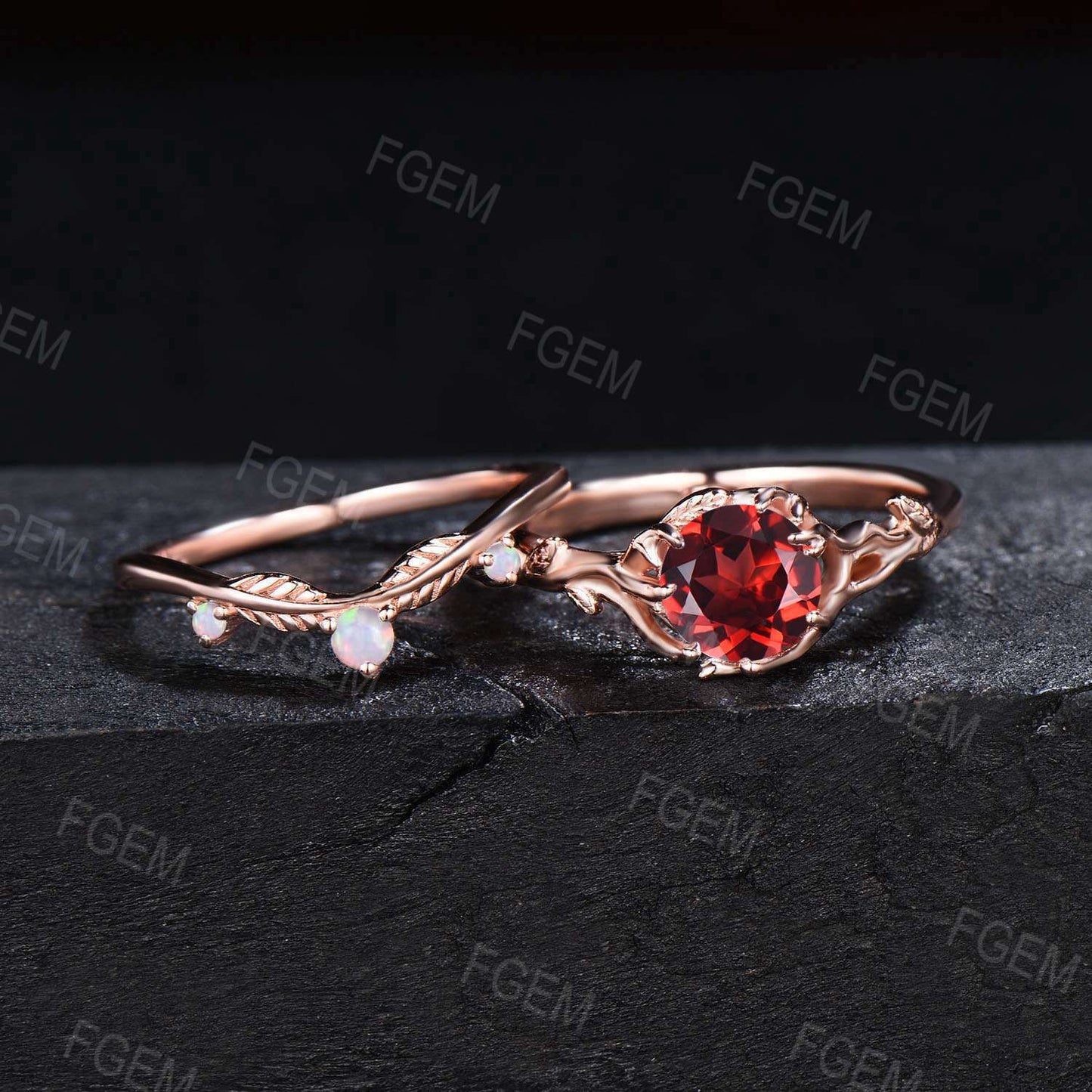 Branch Leaf Garnet Engagement Ring Set Rose Gold Opal Wedding Ring Twig 1ct Round Garnet Bridal Set January Birthstone Jewelry Proposal Gift