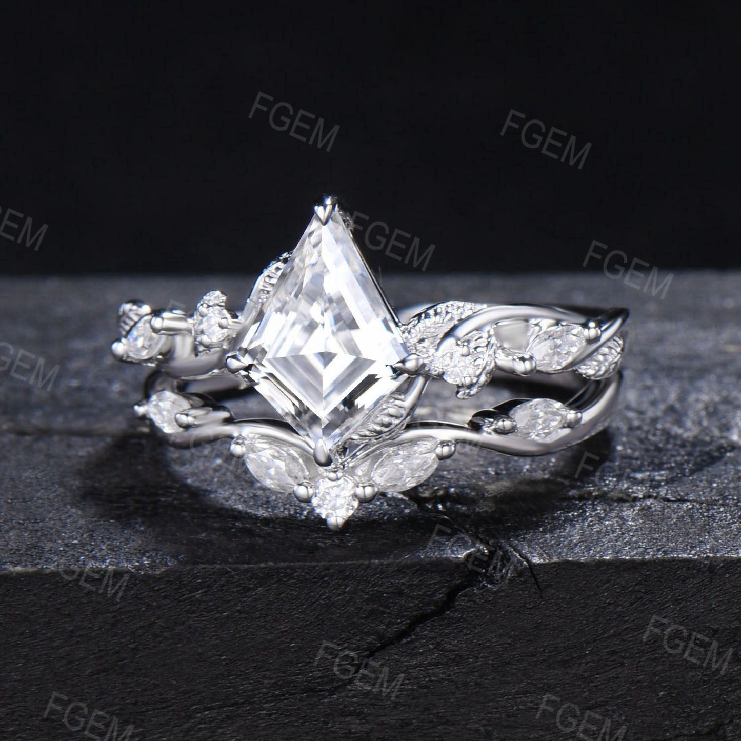 Unique Kite Moissanite Engagement Ring Set Twist Vine Band Nature Inspired Kite Diamond Wedding Ring Set Leaf Twig Branch Bridal Set Women