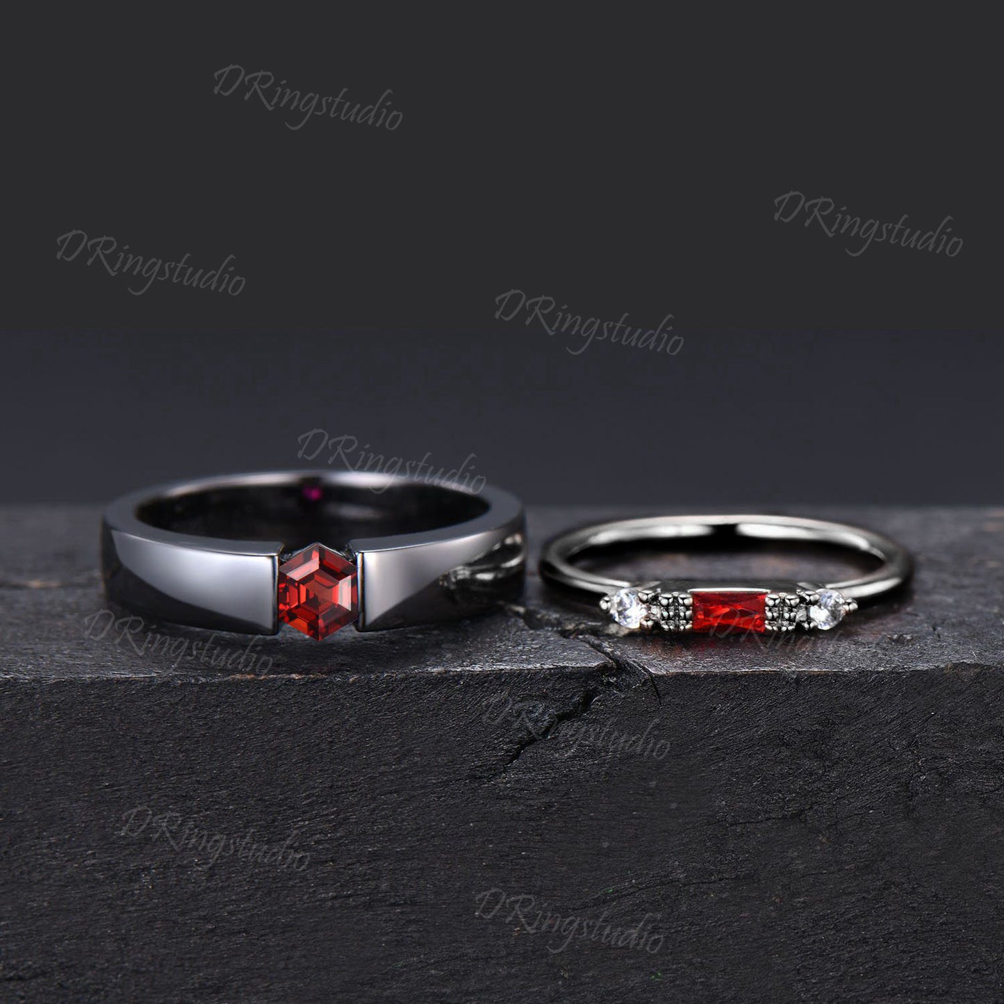 Gothic Black Couple Rings Set Black Gold Plated Red Ruby His and Hers Wedding Band Witchy Rhodium Black Matching Wedding Rings Proposal Gift