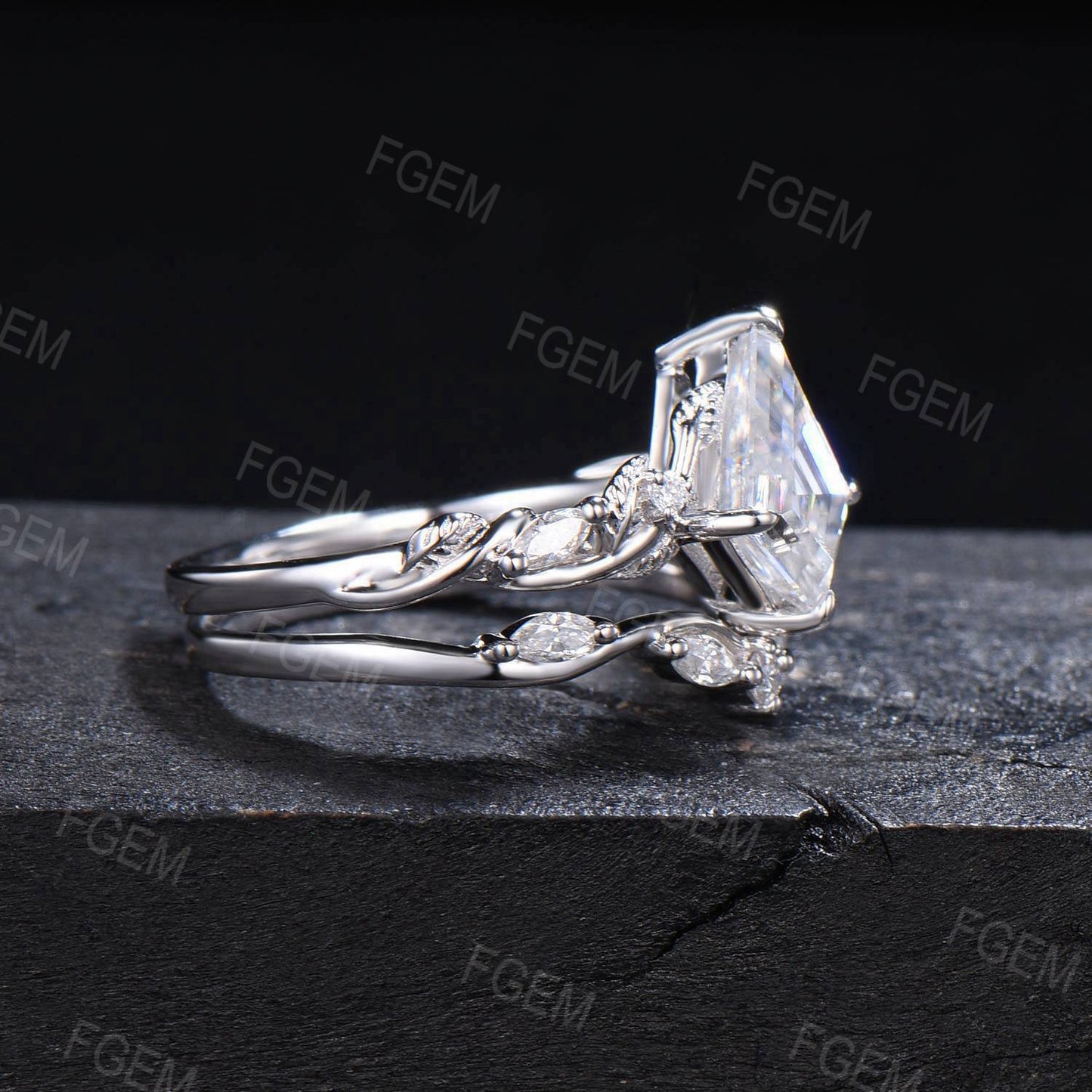 Unique Kite Moissanite Engagement Ring Set Twist Vine Band Nature Inspired Kite Diamond Wedding Ring Set Leaf Twig Branch Bridal Set Women