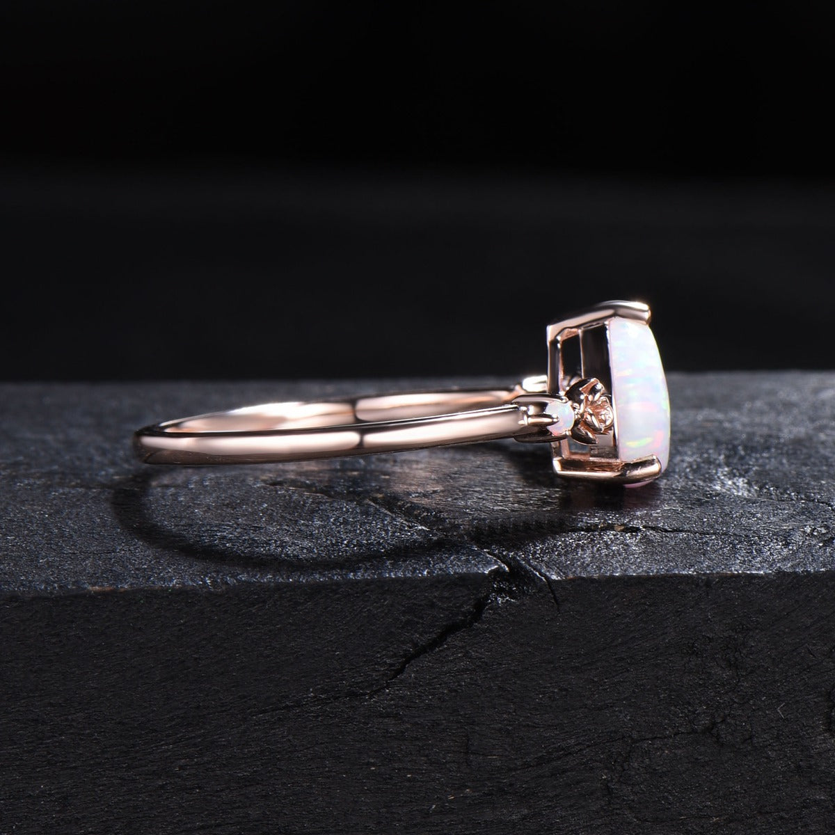 1.25ct Pear Shaped White Opal Engagement Ring Rose Flower Band Floral Opal Ring Nature Inspired Opal Ring October Birthstone Birthday Gift
