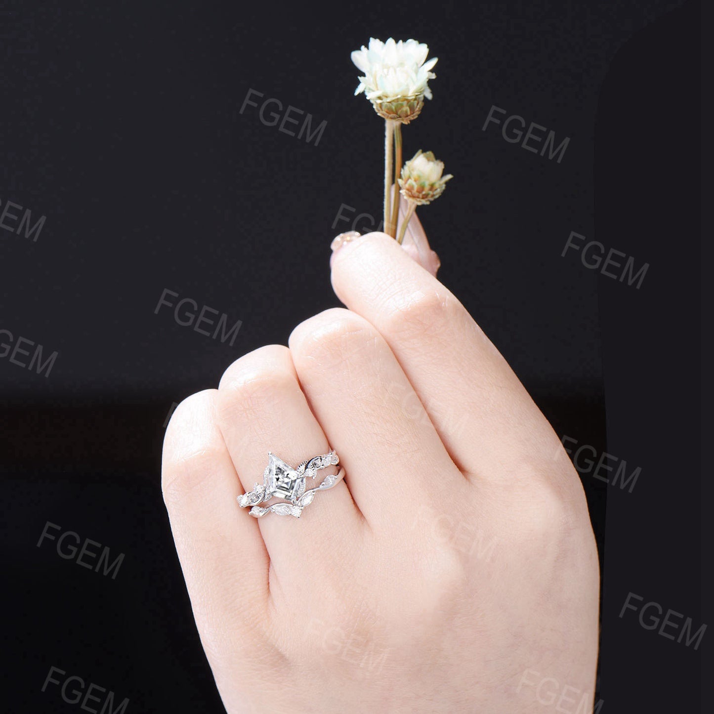 Unique Kite Moissanite Engagement Ring Set Twist Vine Band Nature Inspired Kite Diamond Wedding Ring Set Leaf Twig Branch Bridal Set Women
