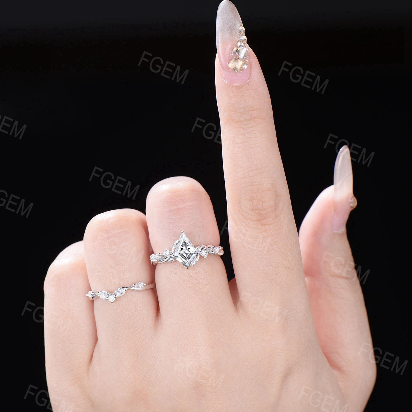Unique Kite Moissanite Engagement Ring Set Twist Vine Band Nature Inspired Kite Diamond Wedding Ring Set Leaf Twig Branch Bridal Set Women