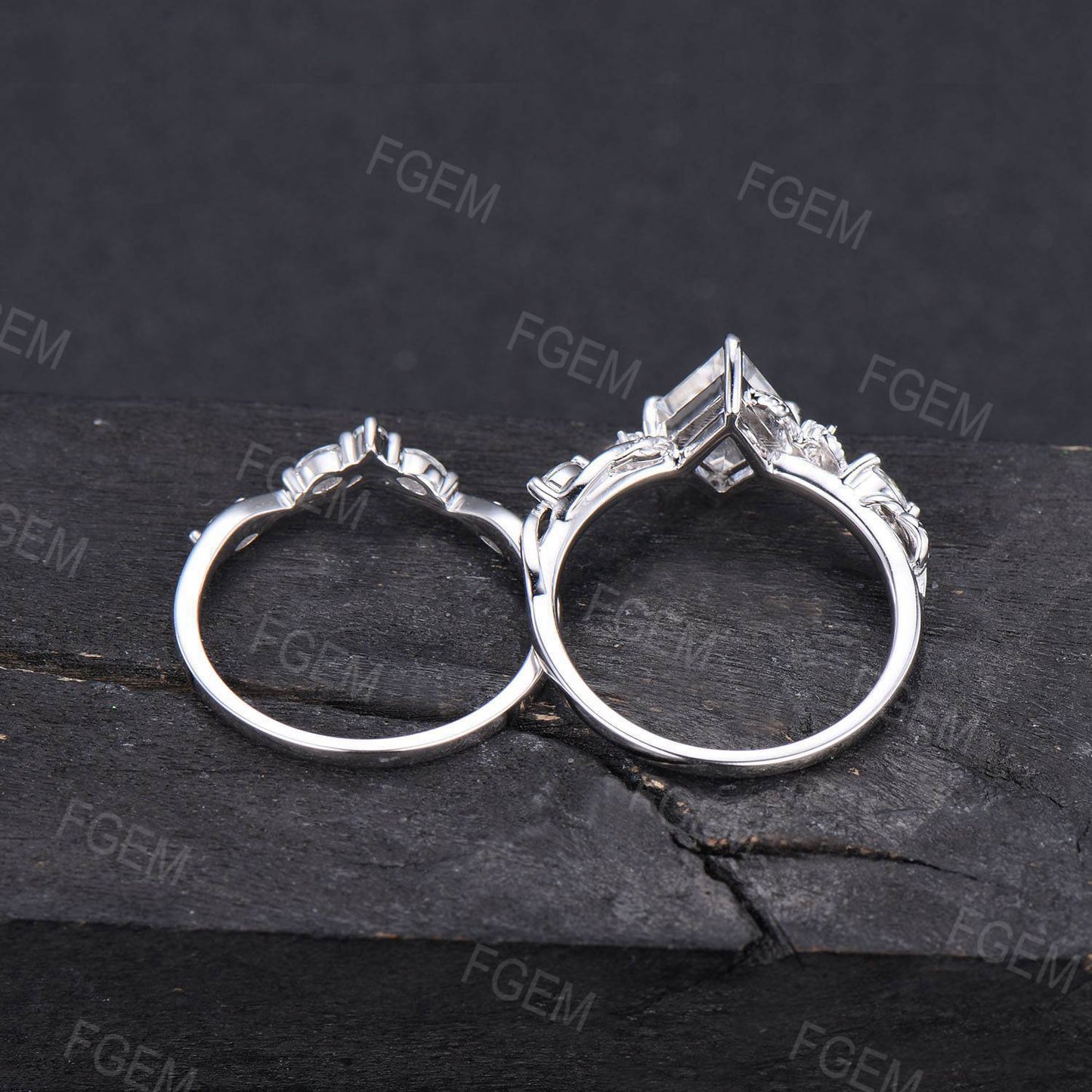 Unique Kite Moissanite Engagement Ring Set Twist Vine Band Nature Inspired Kite Diamond Wedding Ring Set Leaf Twig Branch Bridal Set Women
