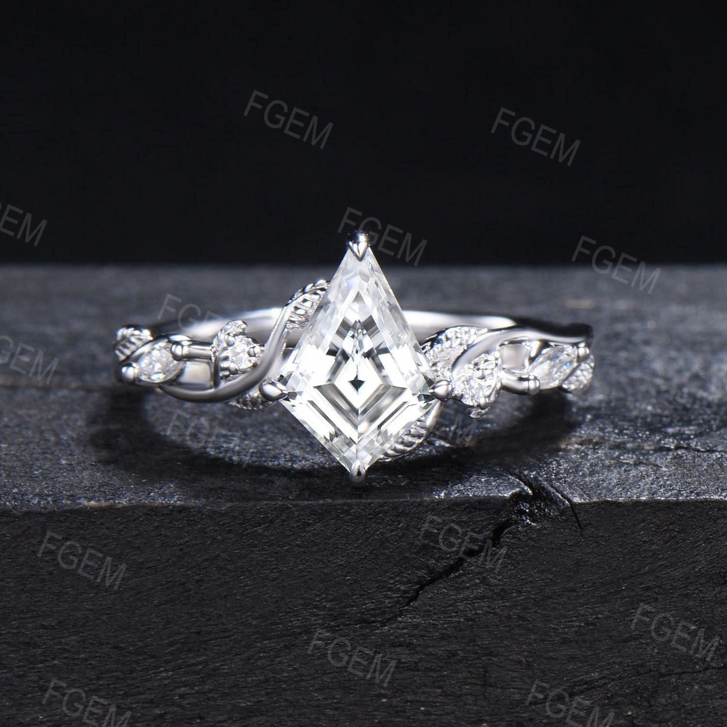 Unique Kite Moissanite Engagement Ring Set Twist Vine Band Nature Inspired Kite Diamond Wedding Ring Set Leaf Twig Branch Bridal Set Women