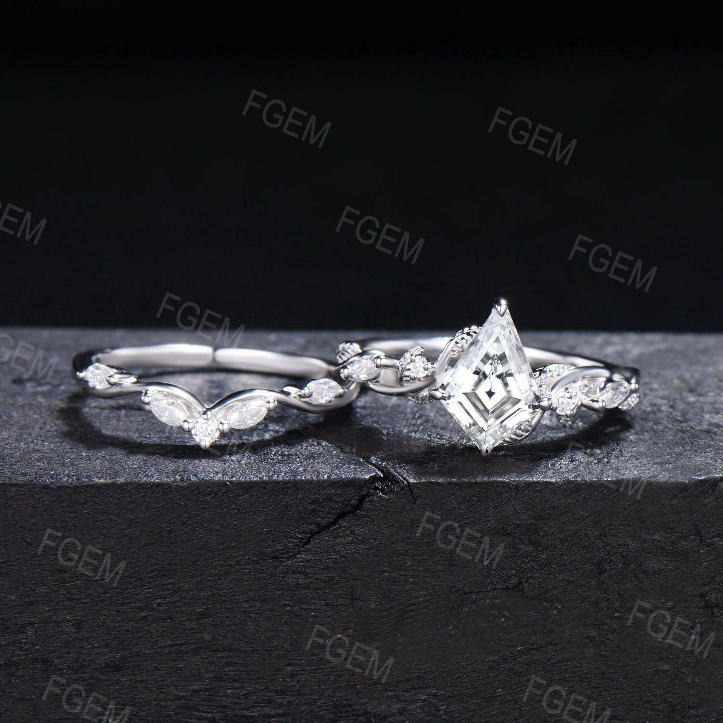 Unique Kite Moissanite Engagement Ring Set Twist Vine Band Nature Inspired Kite Diamond Wedding Ring Set Leaf Twig Branch Bridal Set Women