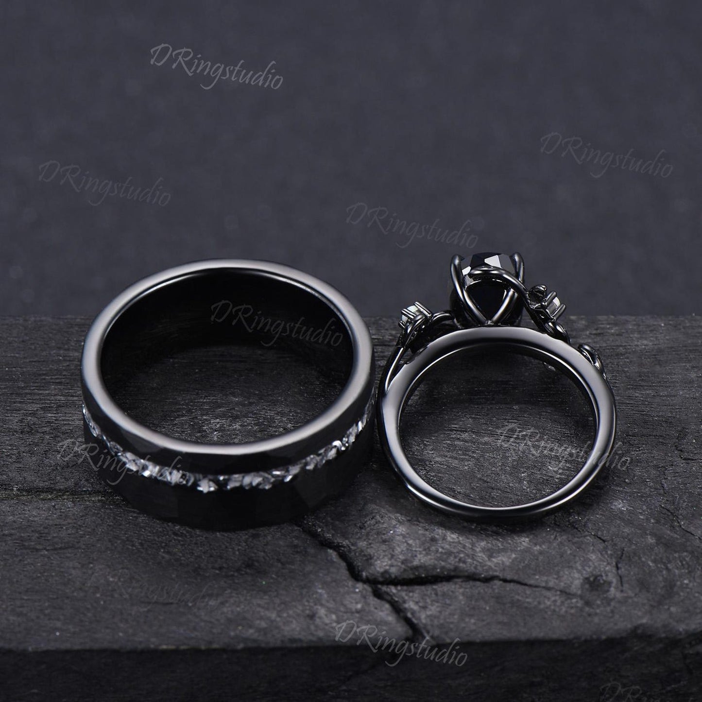 Gothic Natural Black Onyx Couples Promise Ring Set Black Gold Twig Leaf Witchy Engagement Ring Set Black Tungsten His and Hers Wedding Band