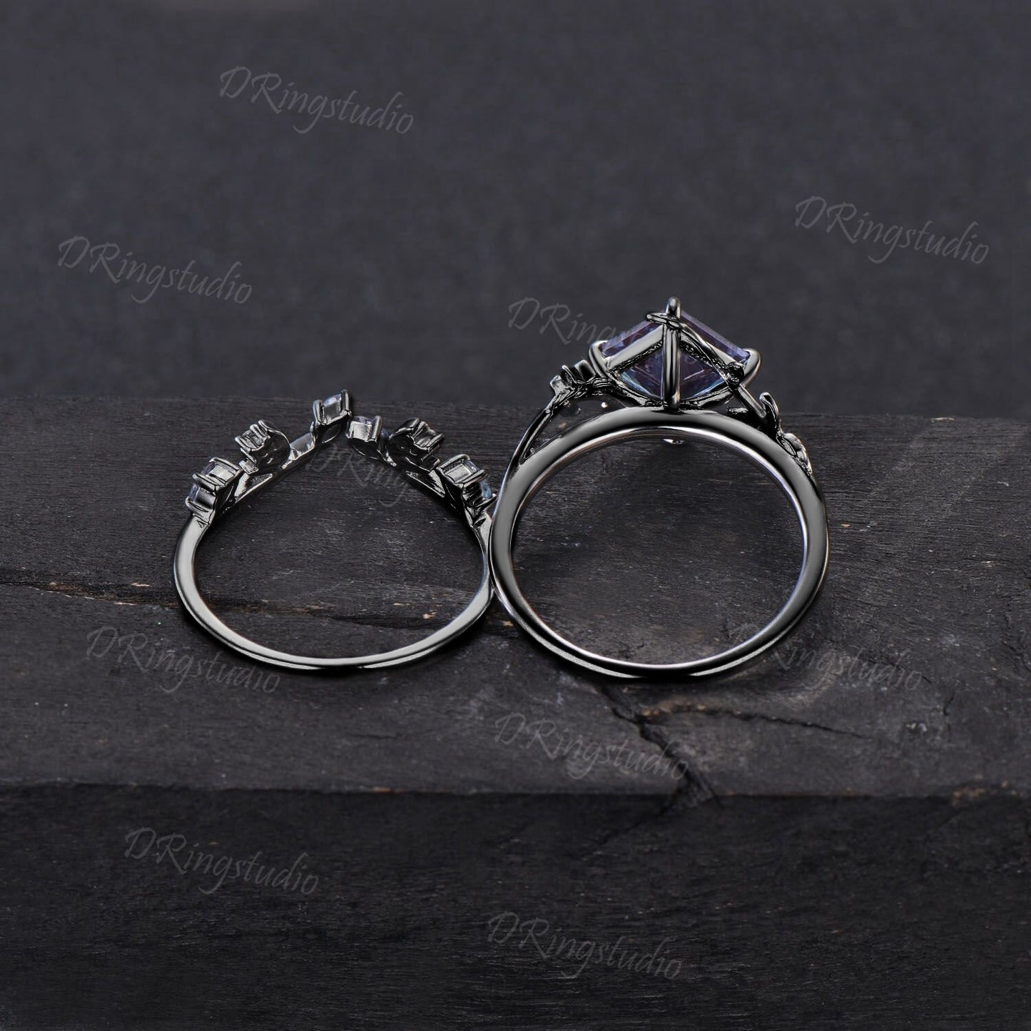 Princess Cut Alexandrite Engagement Ring Set Nature Inspired Black Gold Ring Moon Leaf Moissanite Wedding Ring Set