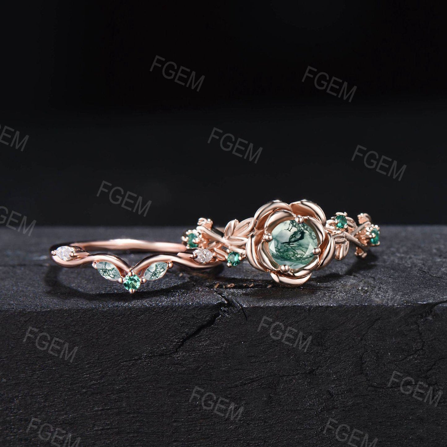 Natural Round Moss Agate Rose Flower Engagement Ring Set 10K Rose Gold Nature Inspired Floral Moss Agate Emerald Ring Green Gemstone Jewelry